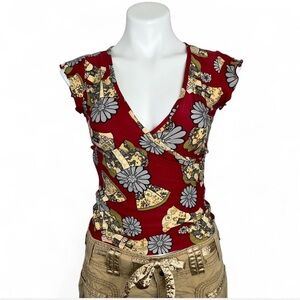 Vintage Y2K Janette Red Floral Oriental Fan Print Tie Back Blouse Top Size Small
